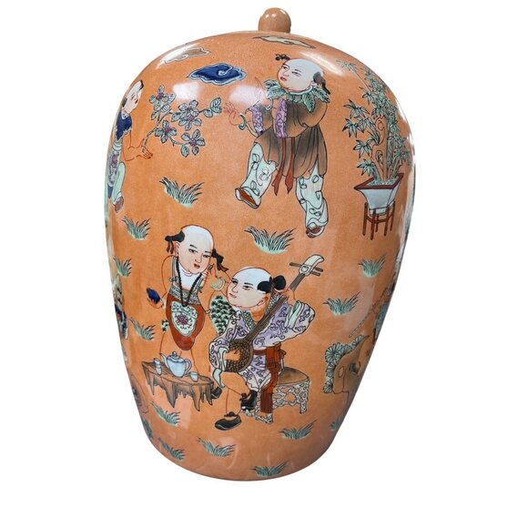 Vintage Chinese Large Peach Porcelin lidded boys play Macau Chinoserie SKU 9736 - Picture 4 of 13